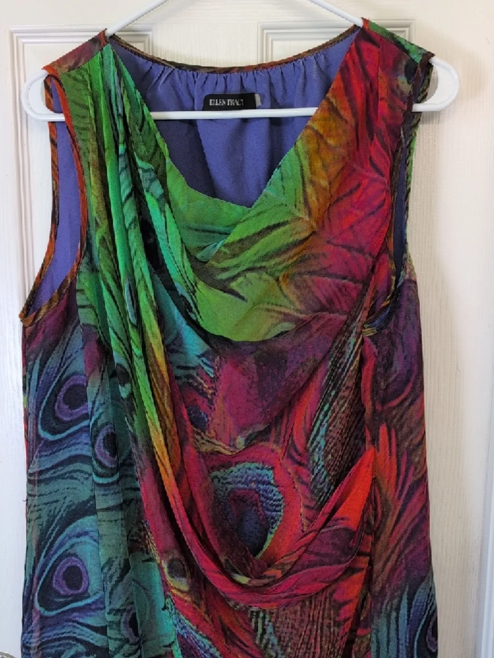 Ellen Tracy Purple Top with Multicolor Neck Trim Lightweight Peacock Maximalism - Picture 4 of 8